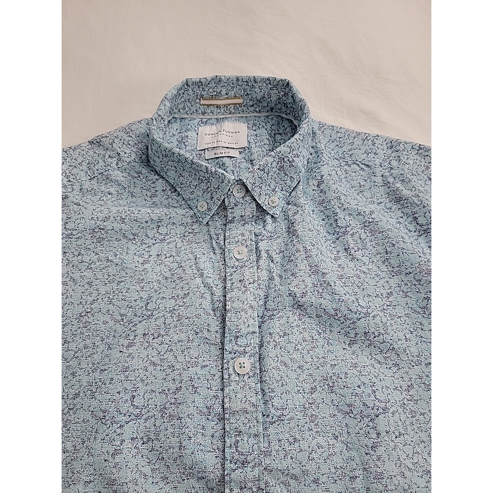 Denim & Flower Ricky Singh mens Slim Fit Shirt XL Blue Short Sleeve Floral